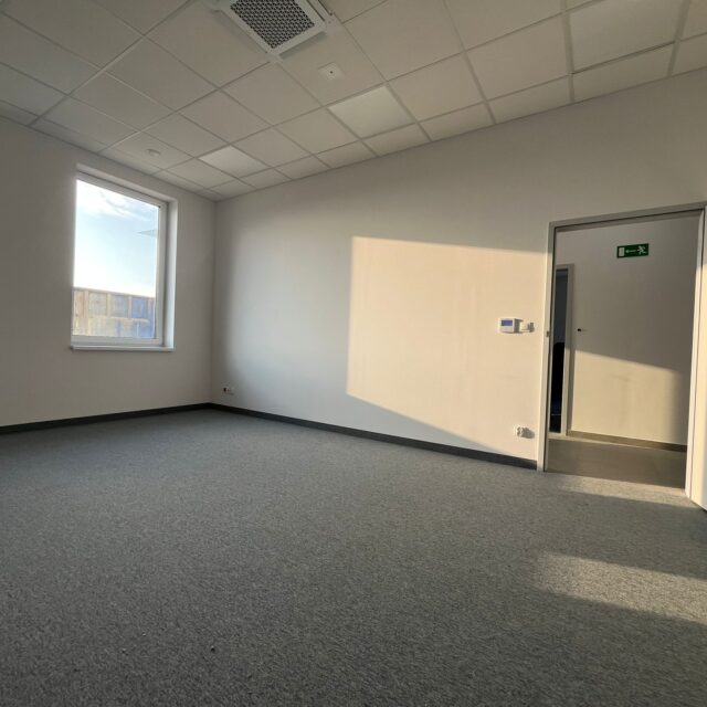 Jasne pomieszczenie biurowe z wykładziną i sufitem podwieszanym wykonane dla 7R Barniewice.
